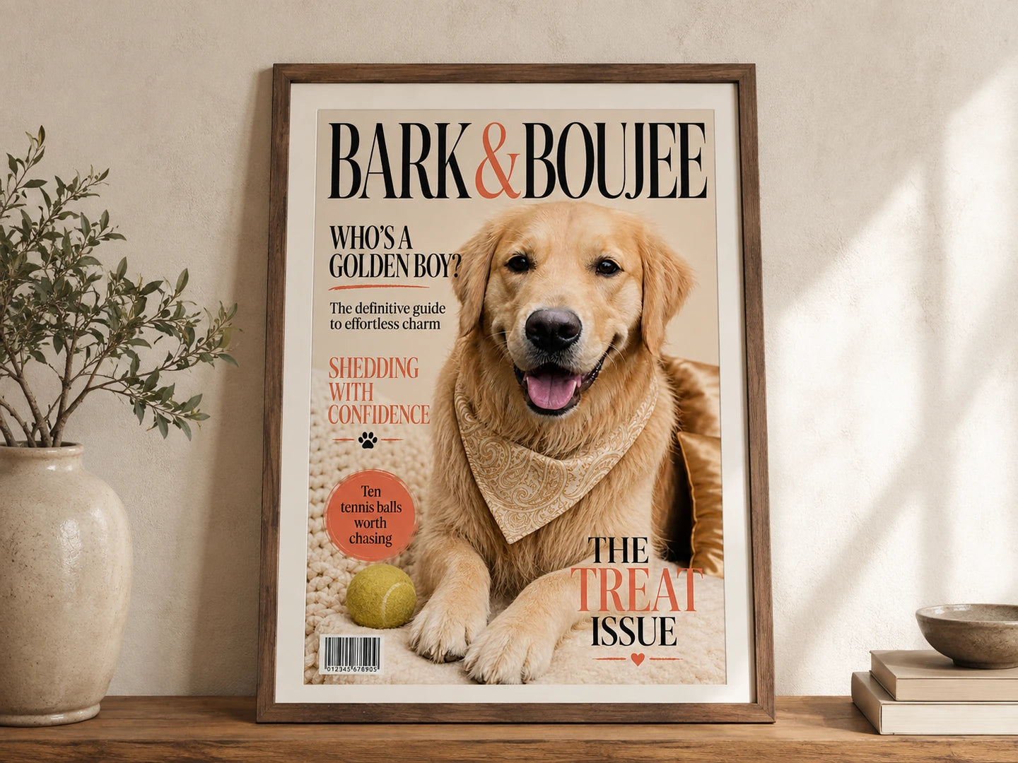 Happy dog relaxing beside personalised artwork