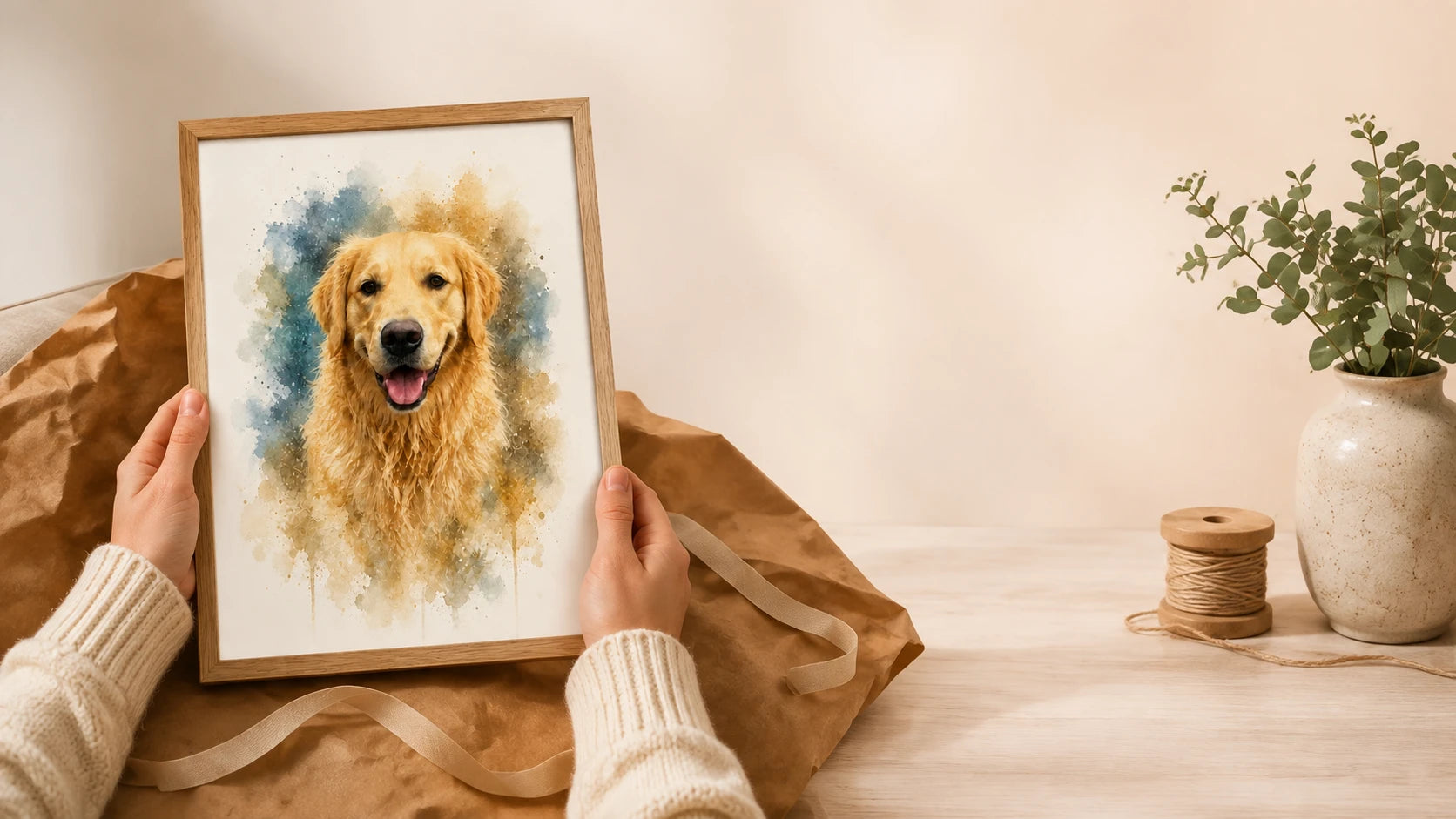 A personalised pet portrait ready to display