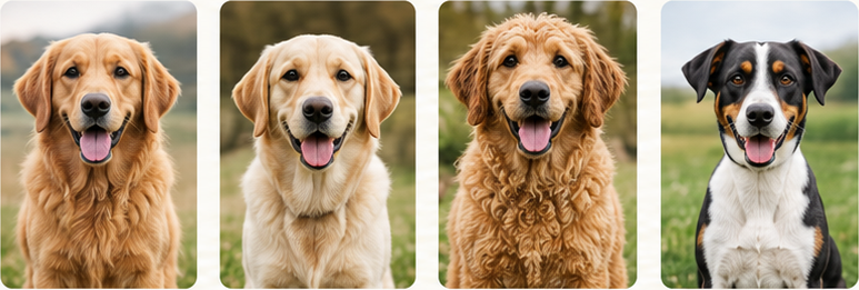 Four clear front-facing dog photos