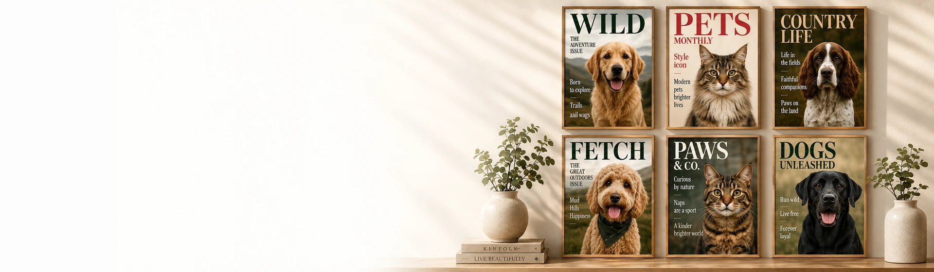 Six clear framed personalised cat and dog magazine covers