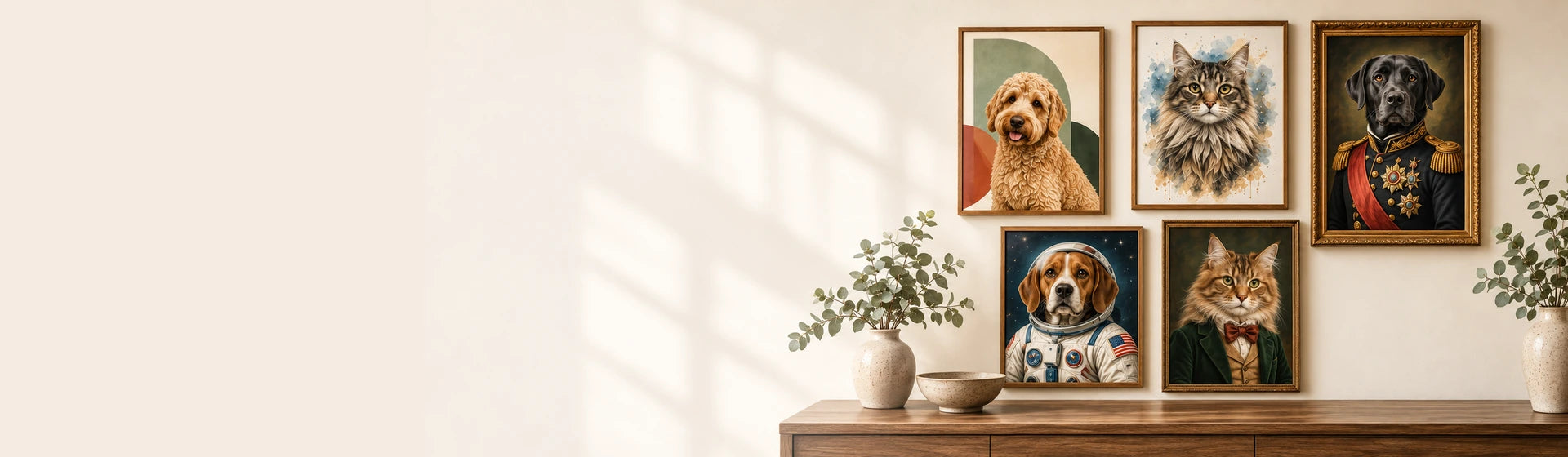 A clear gallery wall of personalised cat and dog portraits