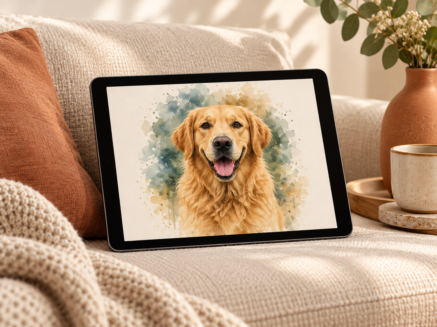 A finished personalised pet portrait displayed clearly on a tablet