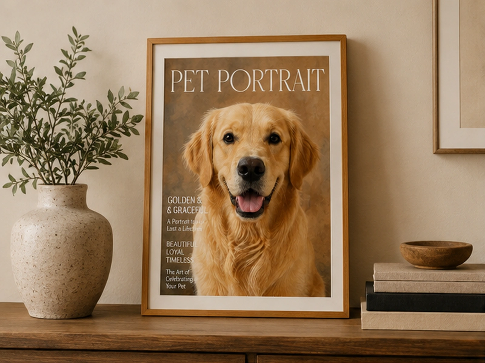 A finished personalised pet portrait displayed at home