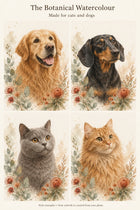 The Botanical Watercolour style examples: two dogs and two cats