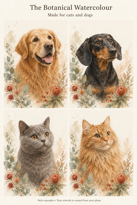Cat and dog examples in this portrait style