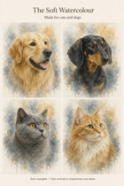 The Soft Watercolour style examples: two dogs and two cats