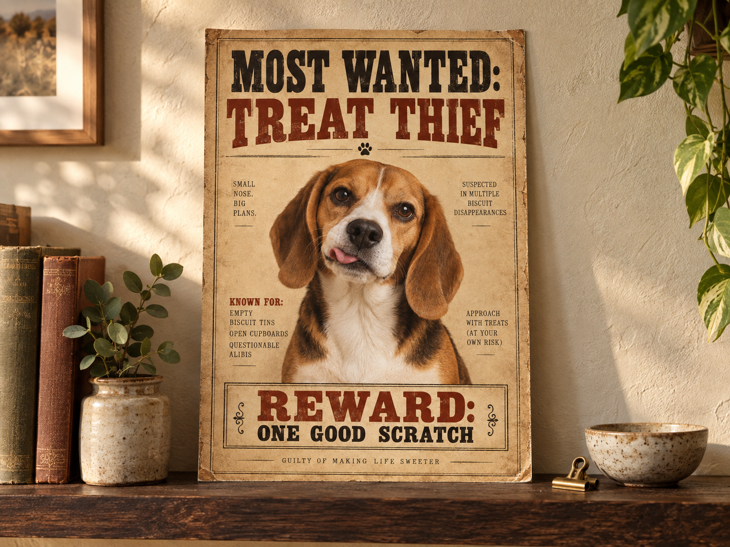 Most Wanted: Treat Thief framed portrait displayed at home