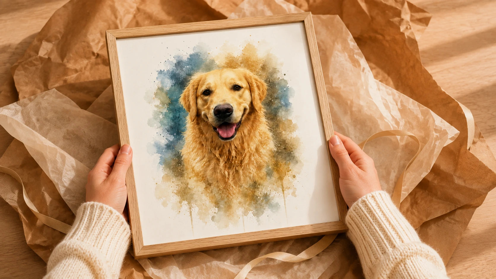 A framed pet portrait being unwrapped