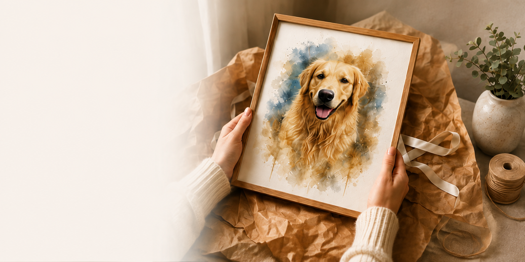 A personalised watercolour dog portrait being unwrapped