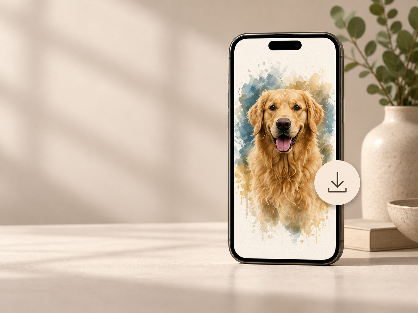 Digital pet portrait displayed on a phone