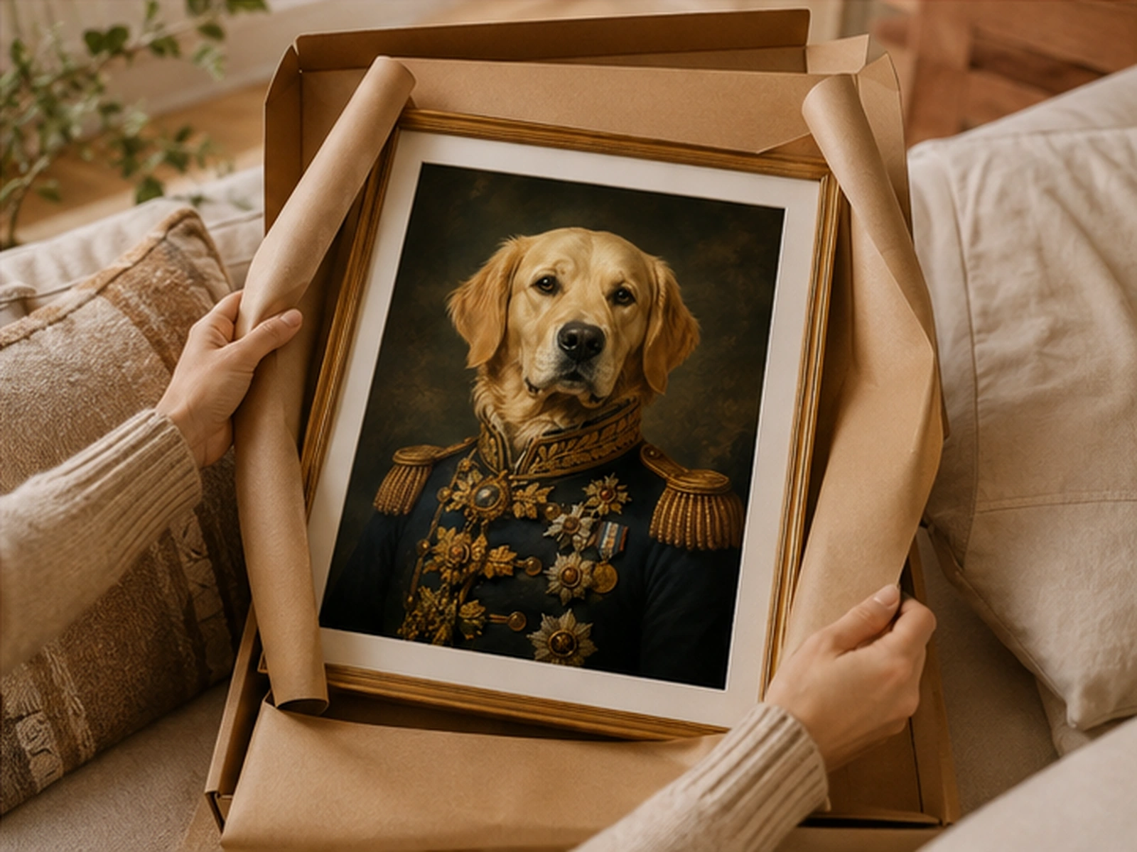 Finished framed pet portrait being unwrapped