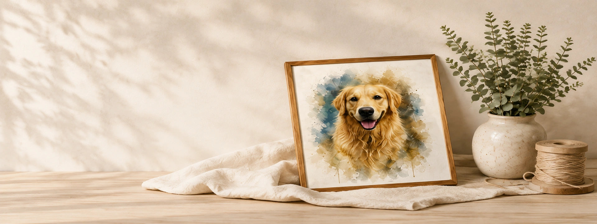 Watercolour golden retriever portrait with eucalyptus and twine