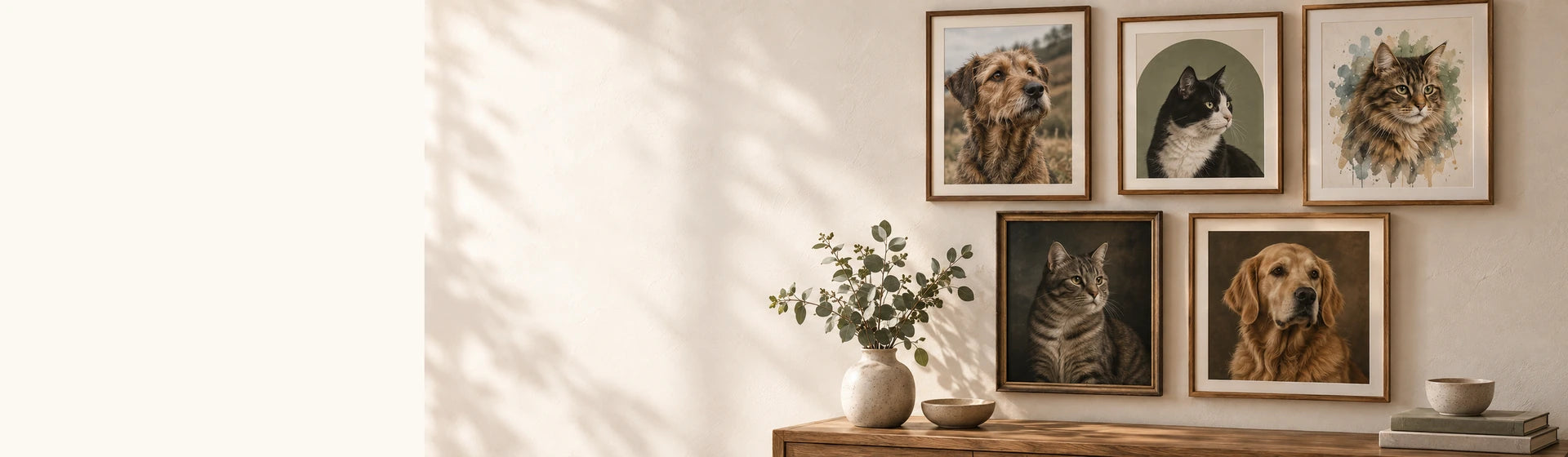 Five clear framed personalised cat and dog artworks with a softly faded cream text area